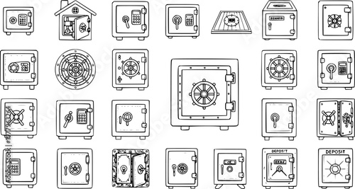 Hand Drawn Safes and Vaults Set: Doodle-style Outline Icons of Strongboxes, Deposit Boxes, and Security Containers for Money, Valuables, and Protection Concepts.