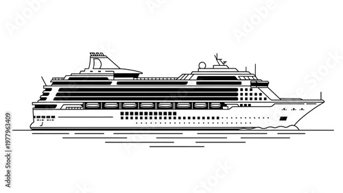 Large luxury cruise ship on the ocean, black and white vector illustration.