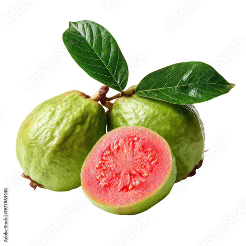 Whole And Sliced Green Guava With Pink Flesh And Leaves On Dark Background fruit, Isolated On Black Background, Png Transparent Background, Cut Out