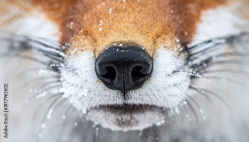 Close-up of a red fox's snowy face.
