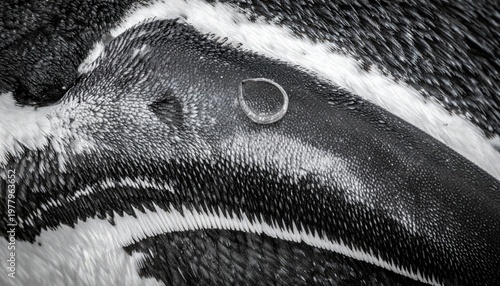 Close-up of a penguin's face and feathers.