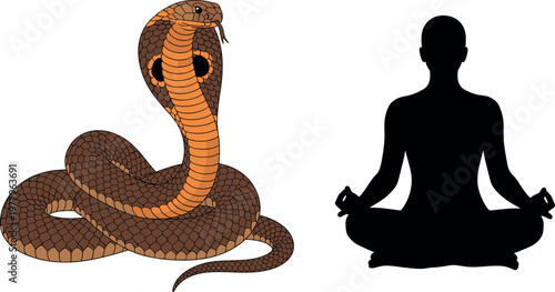 Cobra snake illustration with hooded reptile and meditation silhouette yoga concept vector collection isolated background