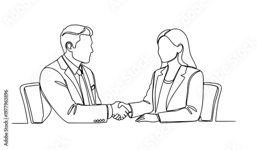 Continuous line job interview handshake business meeting vector illustration