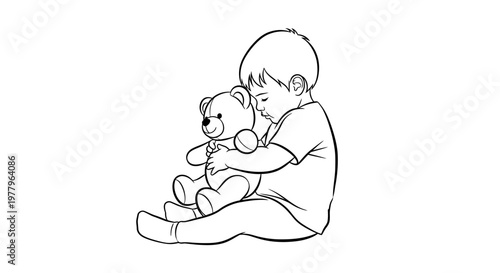 Baby sitting and hugging a teddy bear, toddler with plush toy, line art illustration of childhood and comfort concept.