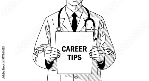 Medical doctor holding paper with Career Tips text, healthcare professional career guidance concept, physician with stethoscope line art illustration.