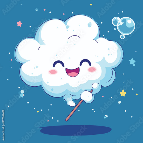 A cheerful fluffy cloud character holds a candy stick, surrounded by bubbles and stars, embodying joy and playfulness.