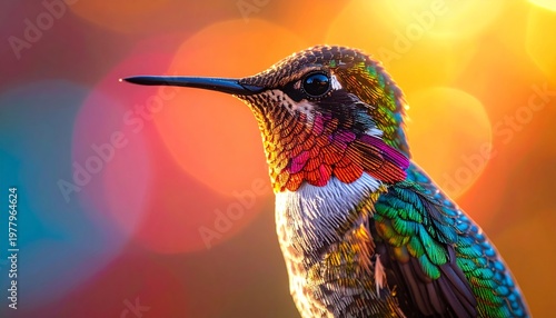 Vibrant hummingbird with colorful feathers.
