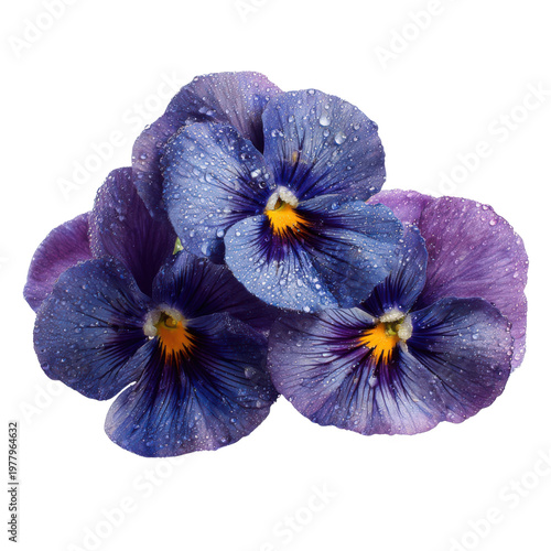 Close Up Purple Blue Pansy Flower With Dewdrops Vibrant Yellow Center Petals violet, Isolated On Black Background, Png Transparent Background, Cut Out