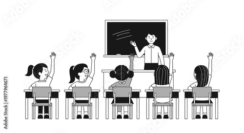 Teacher in classroom with students raising hands, school education concept, pupils learning in class, black and white line art illustration.