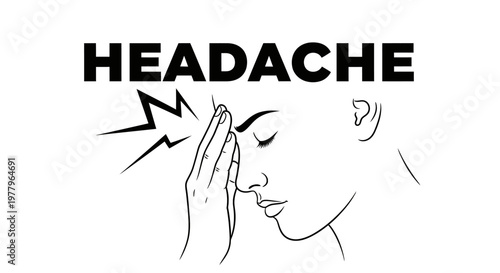 Headache concept illustration, woman feeling pain in her head, migraine symptom line art, stress and health problems concept.