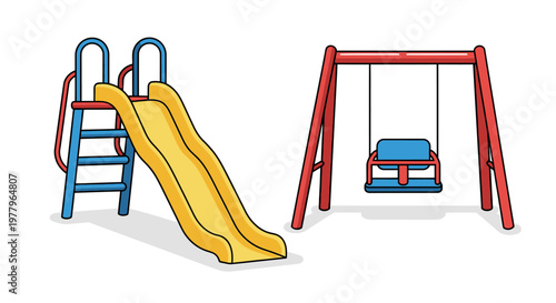 Vector illustration of a set of yellow slides and blue swings for children's playground.