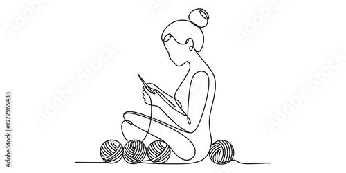Minimalist one line drawing of a woman sitting on the floor while knitting with balls of yarn Vector, illustration