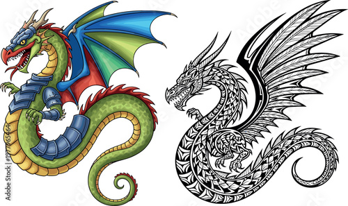 Dragon illustration set with colorful fantasy creature and detailed ornamental outline design vector collection isolated background