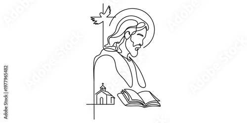 Photos Minimalist line art illustration of jesus christ with a dove and a small church