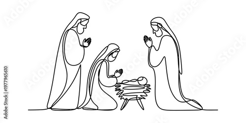 A minimalist single line drawing of the christian nativity scene featuring mary joseph and jesus Vector, illustration