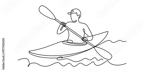 Continuous line drawing of a person kayaking in the water using a paddle for sport and recreation. Vector, illustration