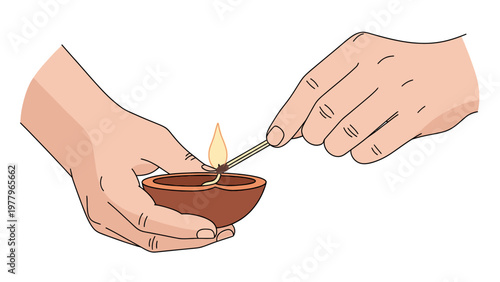 Hand lighting a traditional oil lamp or Diya with a matchstick, flat vector illustration.