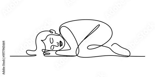 Minimalist single continuous line drawing of a peaceful woman resting in a curled sleeping pose Vector, illustration