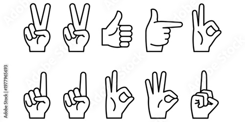 A collection of ten different hand gesture icons depicted in a simple black and white line style Vector, illustration
