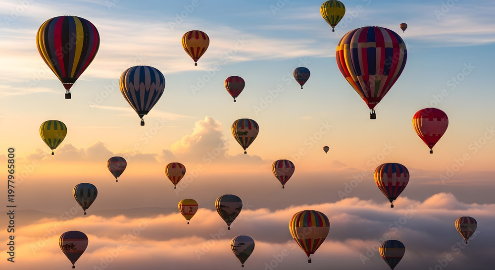 Naklejka premium A serene landscape of hot air balloons floating above the clouds at sunset