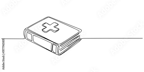 A single continuous line drawing of a closed holy bible book featuring a simple christian cross. Vector, illustration, Continuous one line drawing silhouette of Bible. Bible linear icon. One line draw