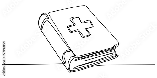 A single continuous line drawing of a closed holy bible book featuring a simple christian cross. Vector, illustration, Continuous one line drawing silhouette of Bible. Bible linear icon. One line draw