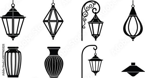 Set of black silhouette featuring various hanging lanterns and decorative vases