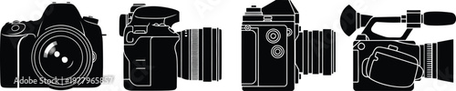 Set of four black and white camera silhouettes, including dslr and camcorder