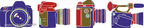 Set of four colorful camera including dsl rs and a camcorder