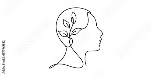 One line of head with brain and leaves. Abstract minimal continuous line isolated on white background, One continuous line drawing of human head with plant inside. Mental health and psychology vector.