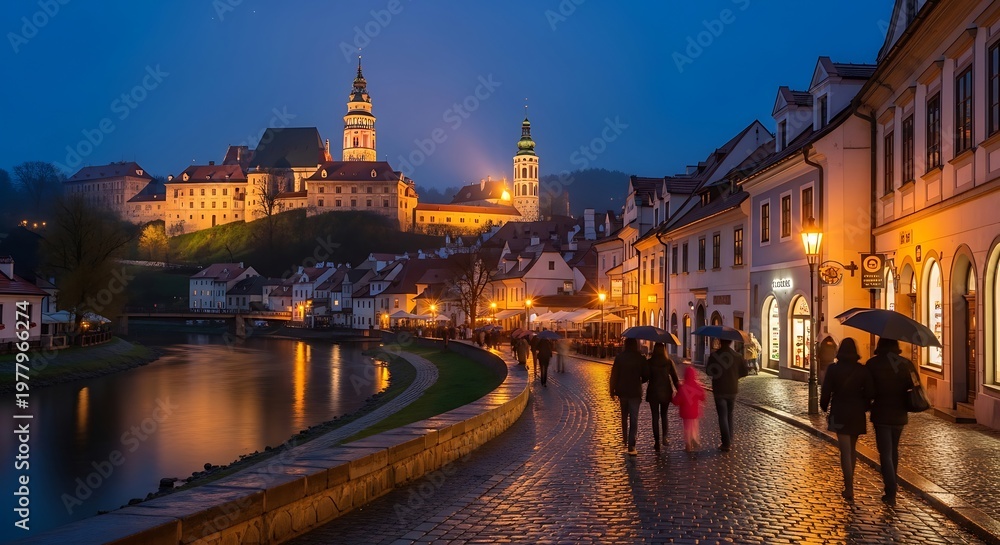 Fototapeta premium Evening cityscape with buildings river and illuminated towers featuring pedestrians