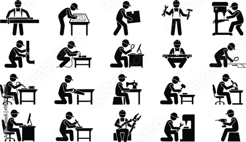 Industrial worker silhouettes set featuring technicians craftsmen and engineers with tools for repair maintenance manufacturing assembly and professional technical service projects