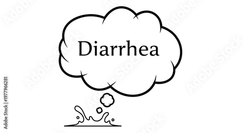 Simple line art illustration of a thought bubble with the word "Diarrhea" and a splash symbol.