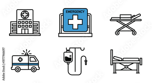 Set of medical and hospital emergency line icons featuring ambulance, clinic building, stretcher, and IV drip.