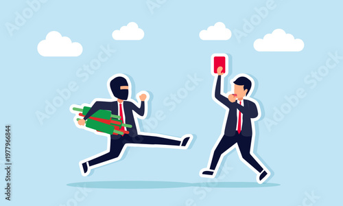Businessman as referee blowing whistle and showing red card to thief carrying candlestick charts illustration of breaking rules in stock trading