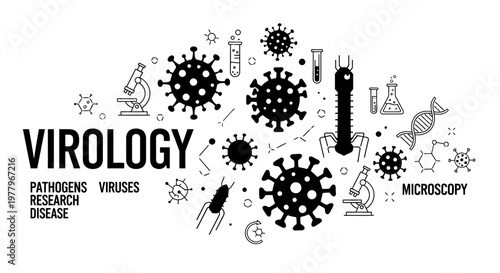 Virology Science Concept Illustration with Viruses, Microscopy, and Research Icons