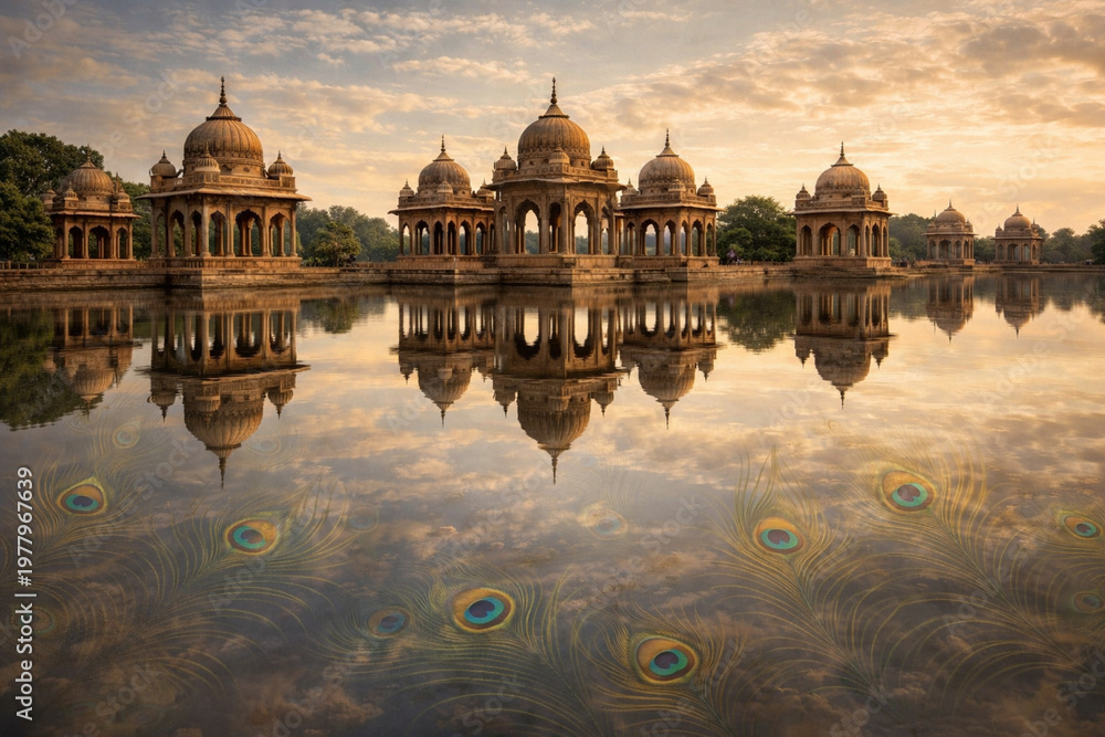Fototapeta premium Royal Sandstone Palace Reflected in Serene Waters at Sunset