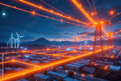 Night cityscape with illuminated power lines and wind turbines under the moonlit sky