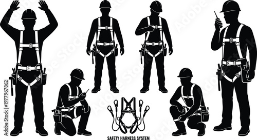 Industrial workers wearing safety harness collection set with professional construction builders using radio walkie talkie and fall protection equipment vector