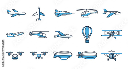 Collection of various aircraft and flying vehicles icons.