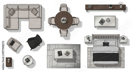 Top view of modern furniture arrangement for interior design.