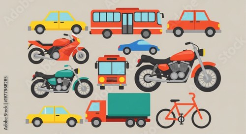 Collection of various vehicles including cars, motorcycles, buses, and trucks.