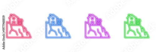 Neon glowing landslide house vector icons set, danger, instability, natural disaster, environmental risk, vibrant digital design on transparent background.