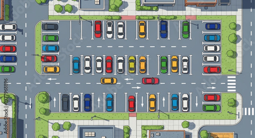 Aerial view of a busy parking lot filled with cars.