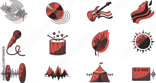 Hand drawn premium dual color reggae music instrument icons pack festival sound elements layered offset style modern vector set for audio branding