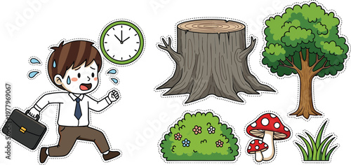 Running businessman with clock and nature elements tree stump bush mushroom grass cartoon vector illustration collection