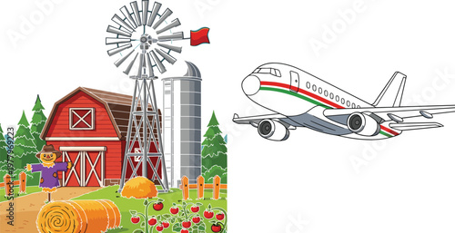 Farm landscape with red barn windmill hay bales apples and airplane transport cartoon vector illustration for agriculture and travel concept