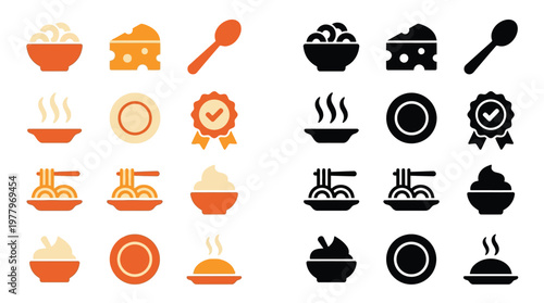 Collection of food and kitchen icons in orange and black, representing dishes, ingredients, and utensils.