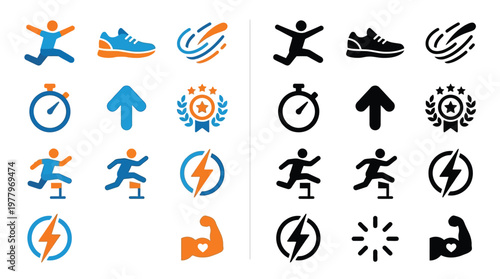 Collection of sports and fitness icons, including running figures, shoes, stopwatches, upward arrows, medals, lightning bolts, and arm muscles, presented in both color and monochrome.