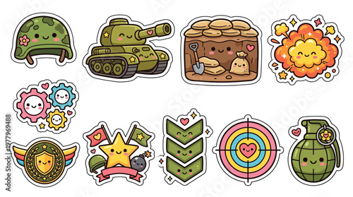 Collection of cute, kawaii-style military-themed illustrations featuring a helmet, tank, bunker, explosion, gears, medal, star, chevrons, target, and grenade, all with smiling faces.